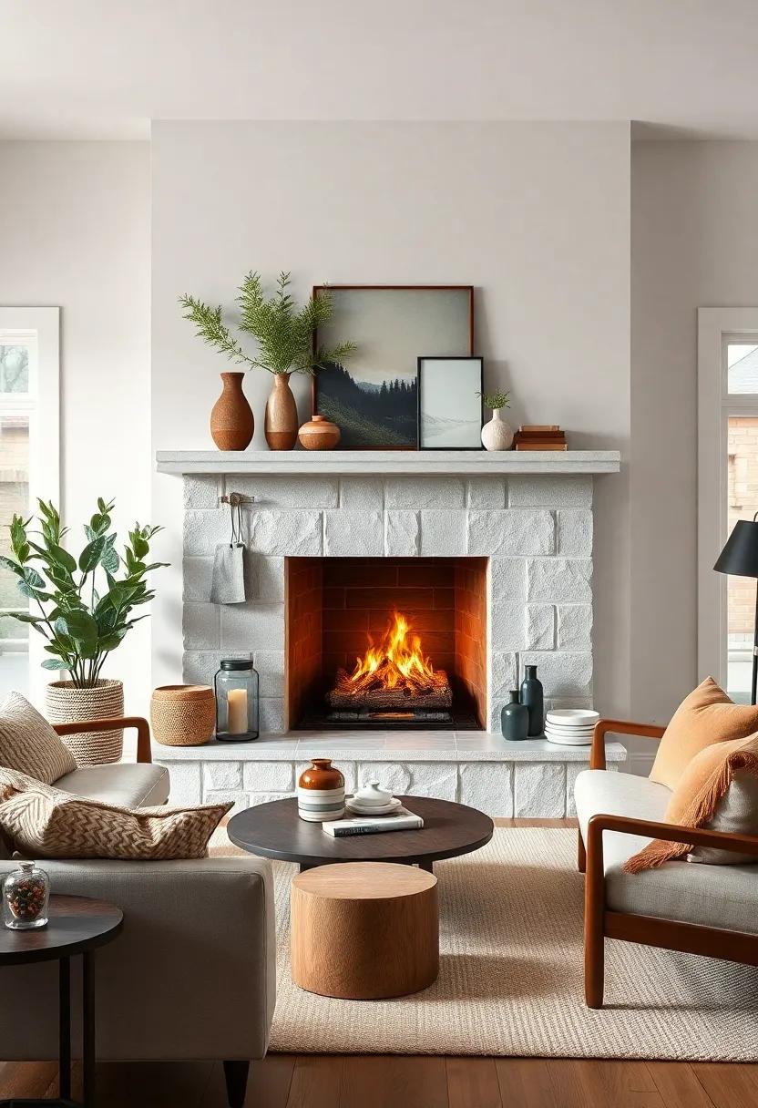 Nordic Inspired Fireplace Mantels Decorated with Minimalist Ceramics and Seasonal Greenery