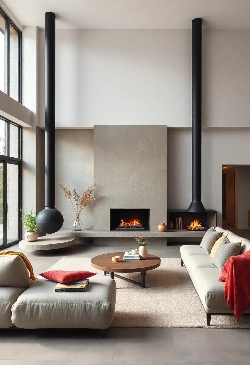 Open Floor Nordic Living Areas Featuring Sleek Fireplaces and Earthy Accents for Cozy Gatherings