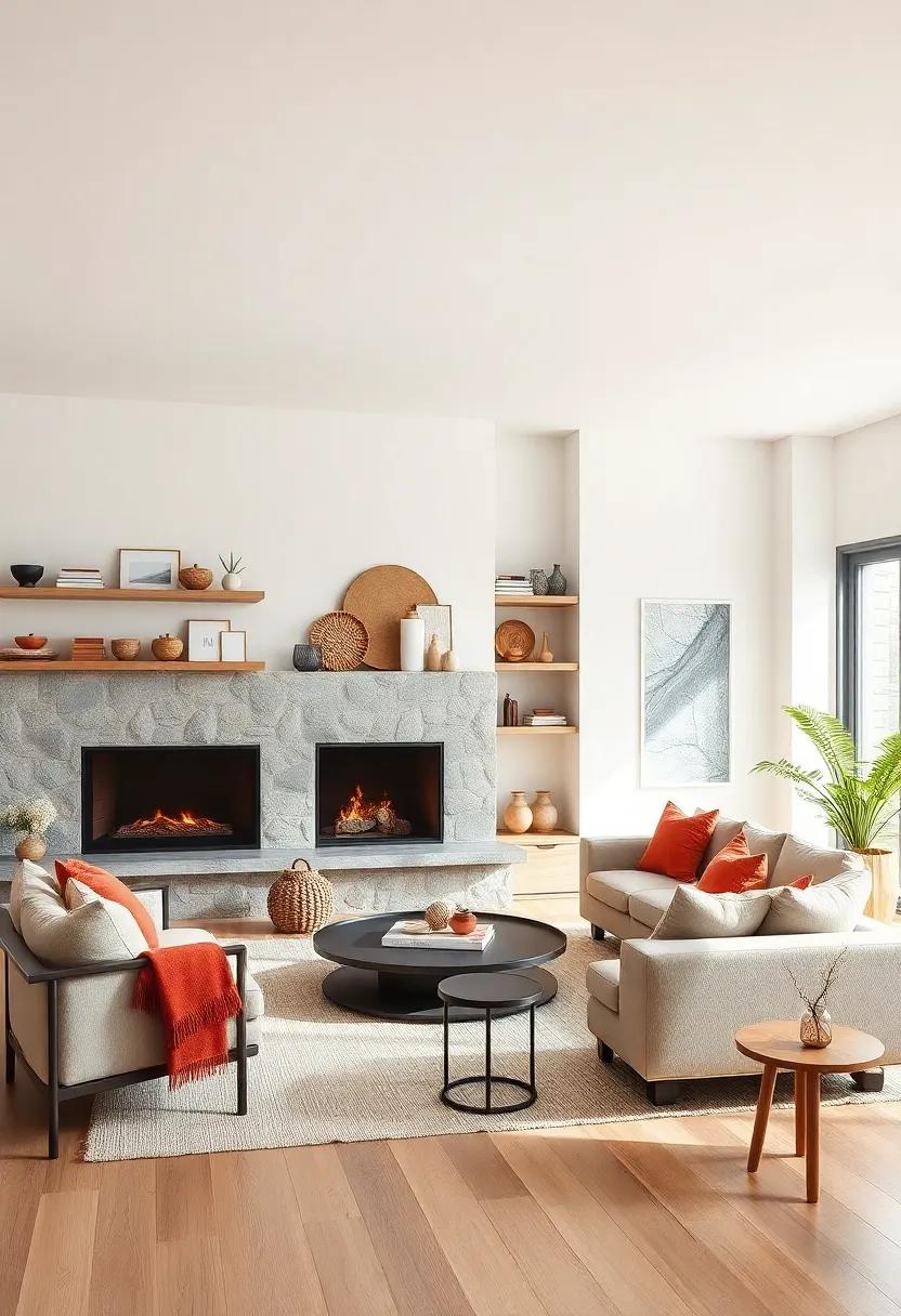 Open Shelving with Scandinavian Crafts Displayed Near Sleek Fireplaces in Spacious Living Rooms