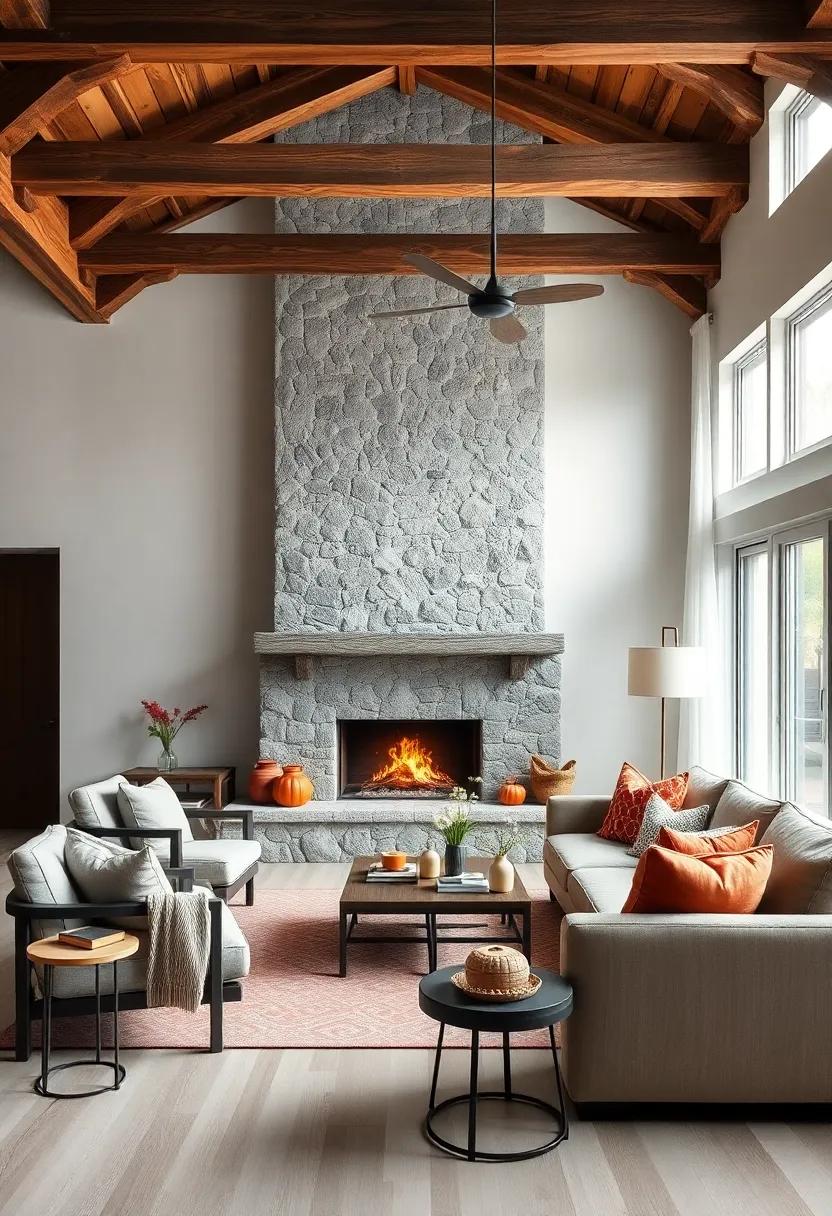 Rustic Wooden Beams and Stone Fireplaces Creating Inviting Ambiance in Modern Nordic Spaces