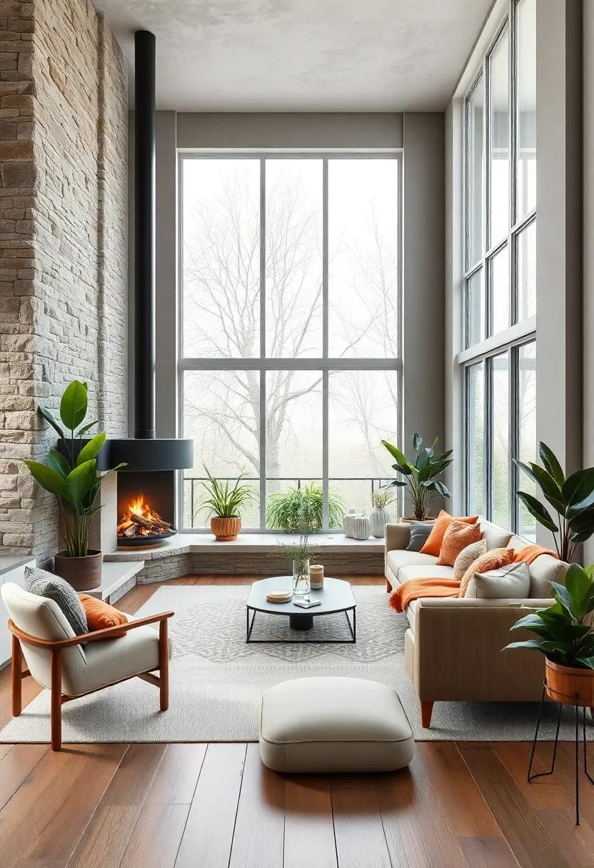 Scandinavian Living Rooms Highlighting Large Windows with Fireplace Comfort and Verdant Indoor Plants