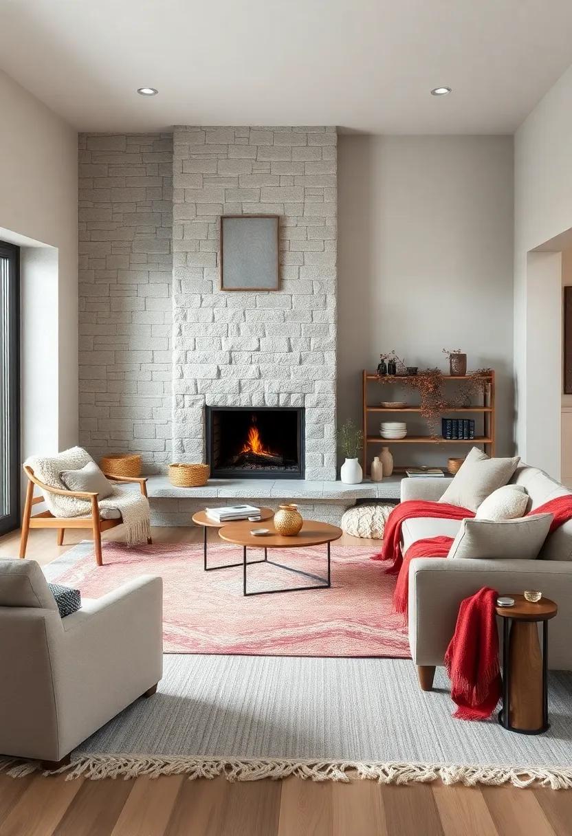 Serene Corner Fireplaces Nestled Among Plush Rugs and Tactile Throws in Scandinavian Interiors