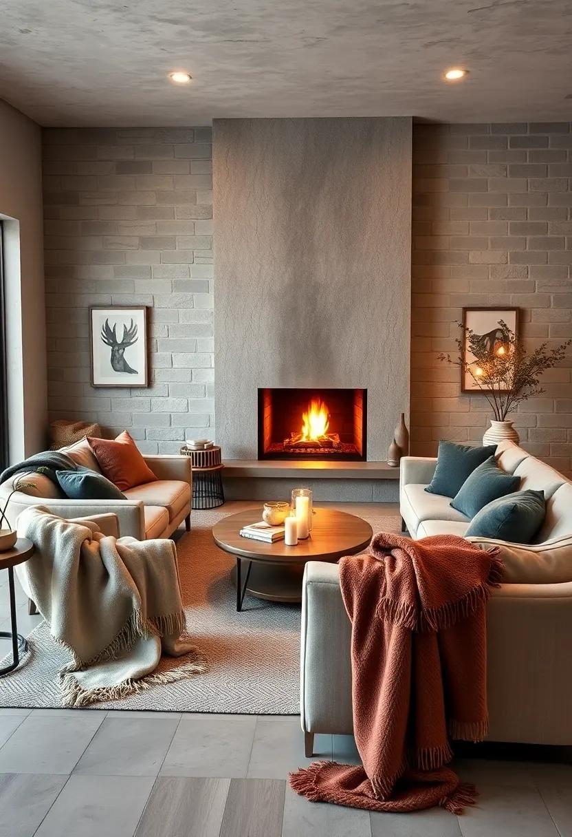 Soft Wool Throws in Muted Hues Draped Over Furniture Surrounding Fireside Conversation Areas