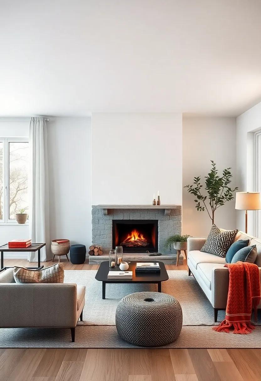 Subtle Nordic Color Accents Complementing Crisp White Walls and Glowing Fireplace Features
