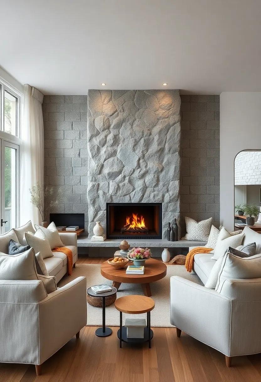 Tactile Contrast Between Soft Linen Upholstery and Rugged Stone Fireplaces in Scandinavian Designs