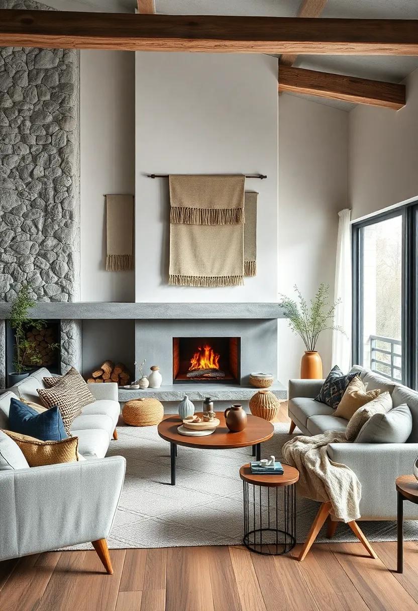 Textured Wall Hangings and Comfortable Seating Arranged Thoughtfully Around Scandinavian Fireplaces