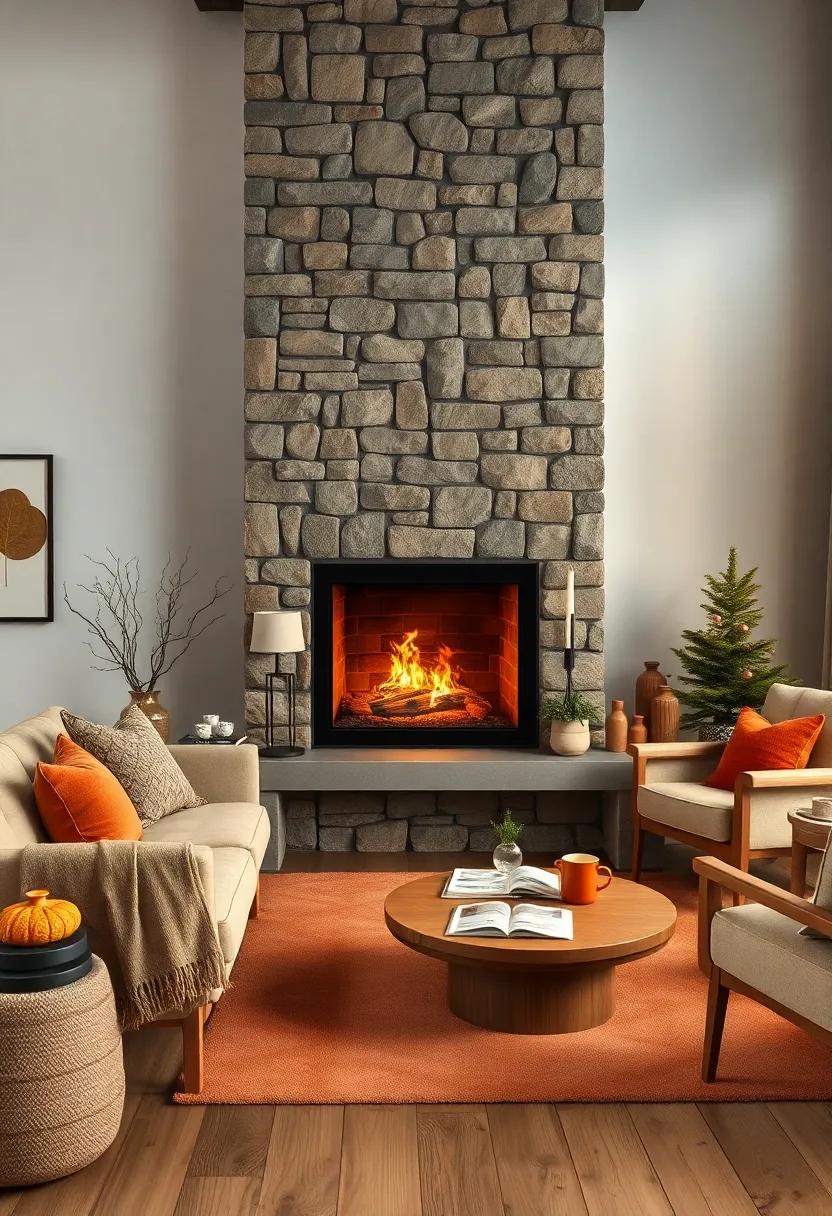 Warm Earth Tones and Textured Accents Surrounding Cozy Nordic Fireplaces in Winter Settings