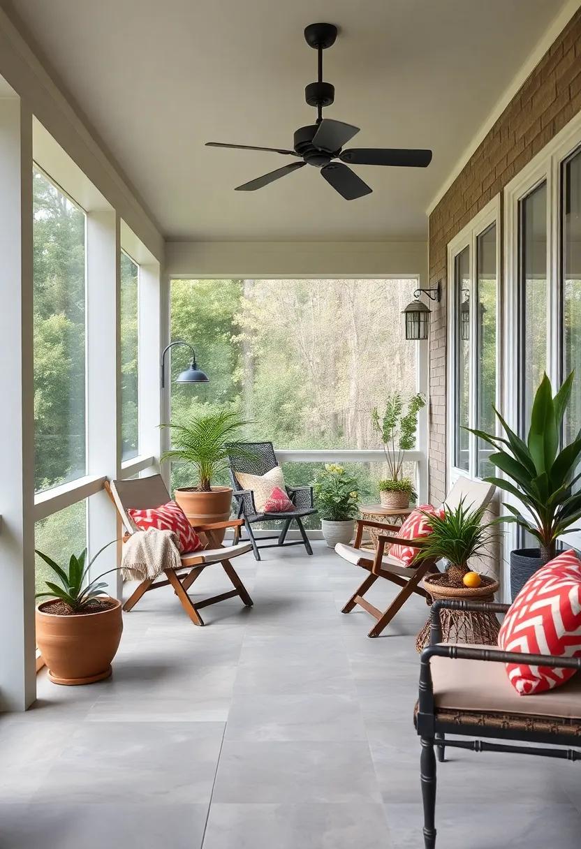 Bright and Airy Screened Porch Featuring Minimalist Fold-Out Chairs and Potted Greenery