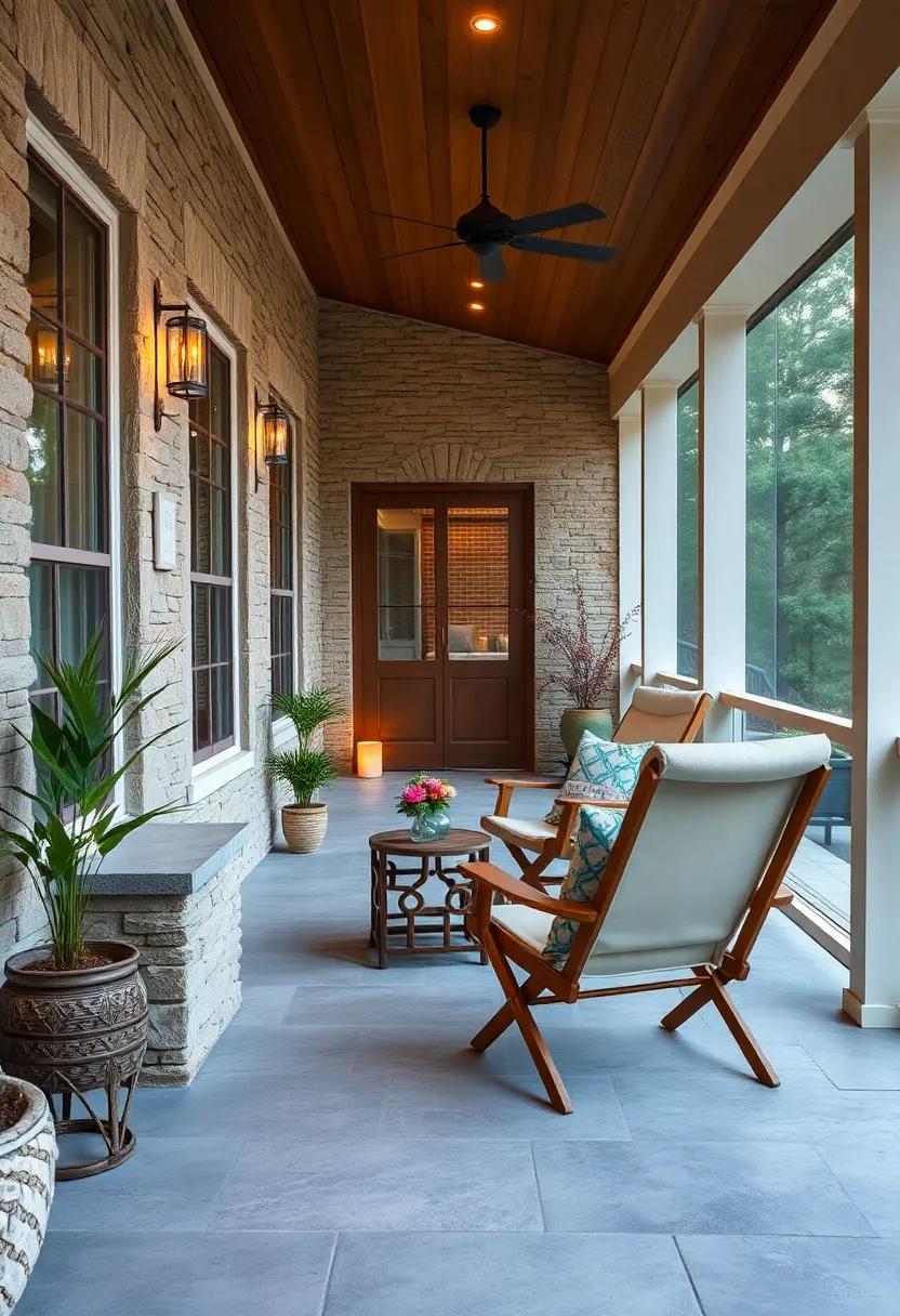 Calm and Inviting Screened Porch Scene Showcasing Fold-Out Chairs and Soft Ambient Lighting
