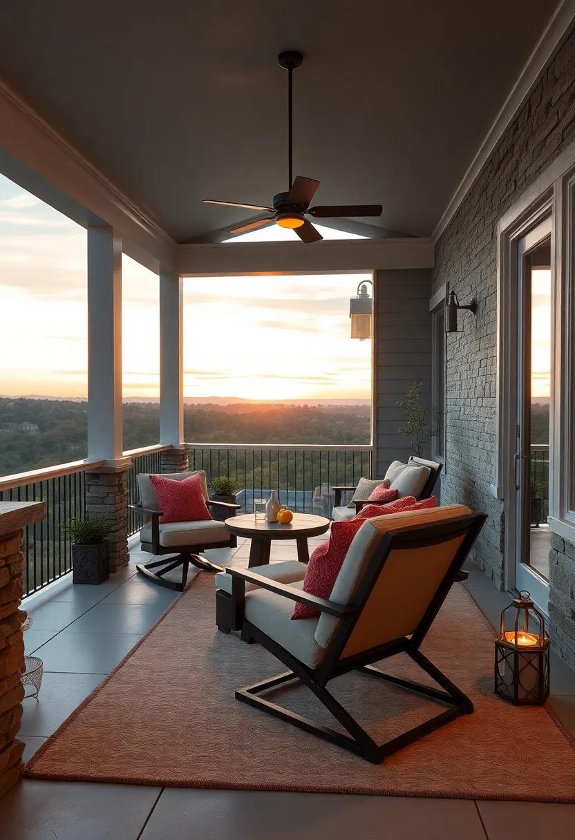 Capturing Sunset Views From an Elevated Screened Porch With Slim Fold-Out Chairs