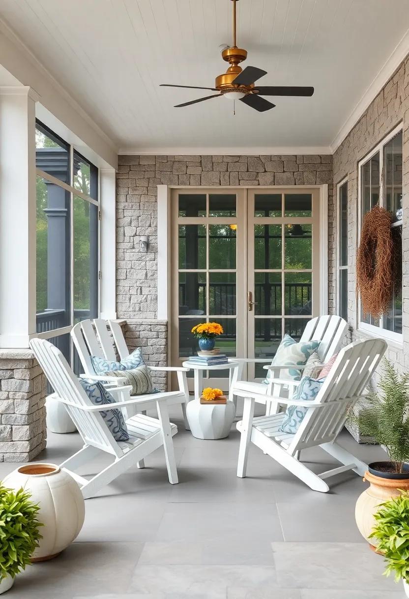 A Coastal-Themed Screened Porch Featuring White Fold-Out Chairs and Nautical Decor Elements