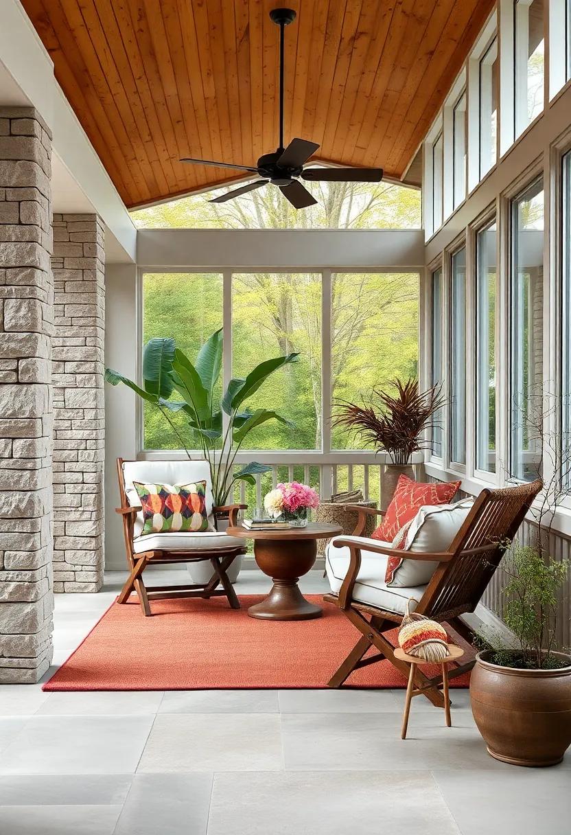Combining Natural Wood Textures and Soft Fabrics in a Screened Porch With Fold-Out Seating