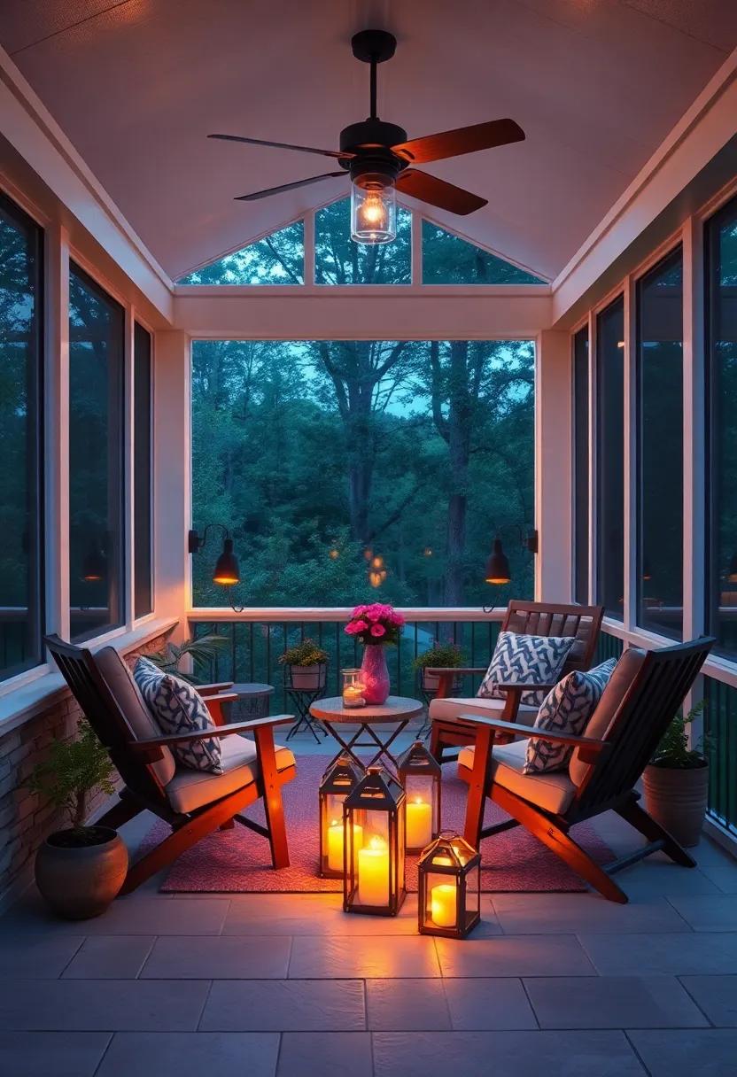 Cozy Evening in a Screened Porch With Fold-Out Chairs and Warm, Glowing Lanterns