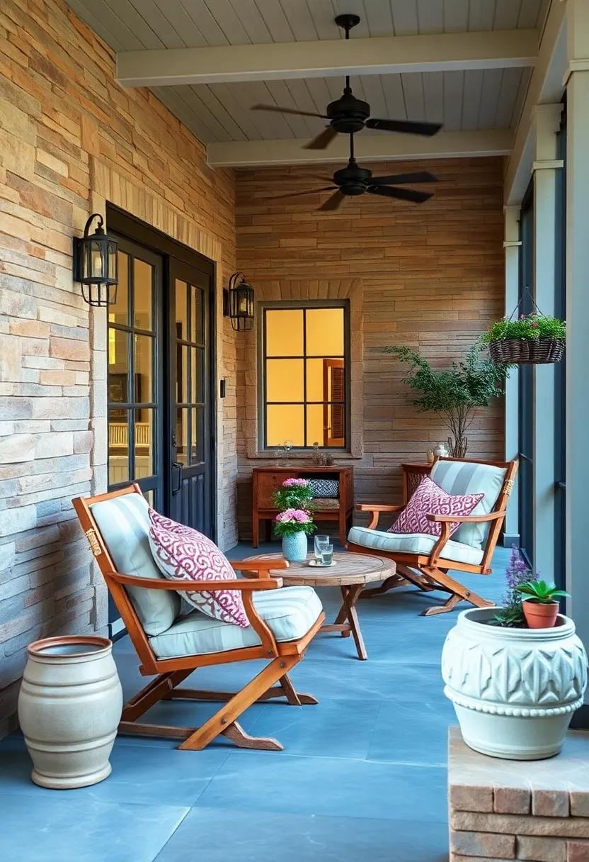 Creating a Rustic Charm Screened Porch Using Vintage Fold-Out Chairs and Soft Cushions