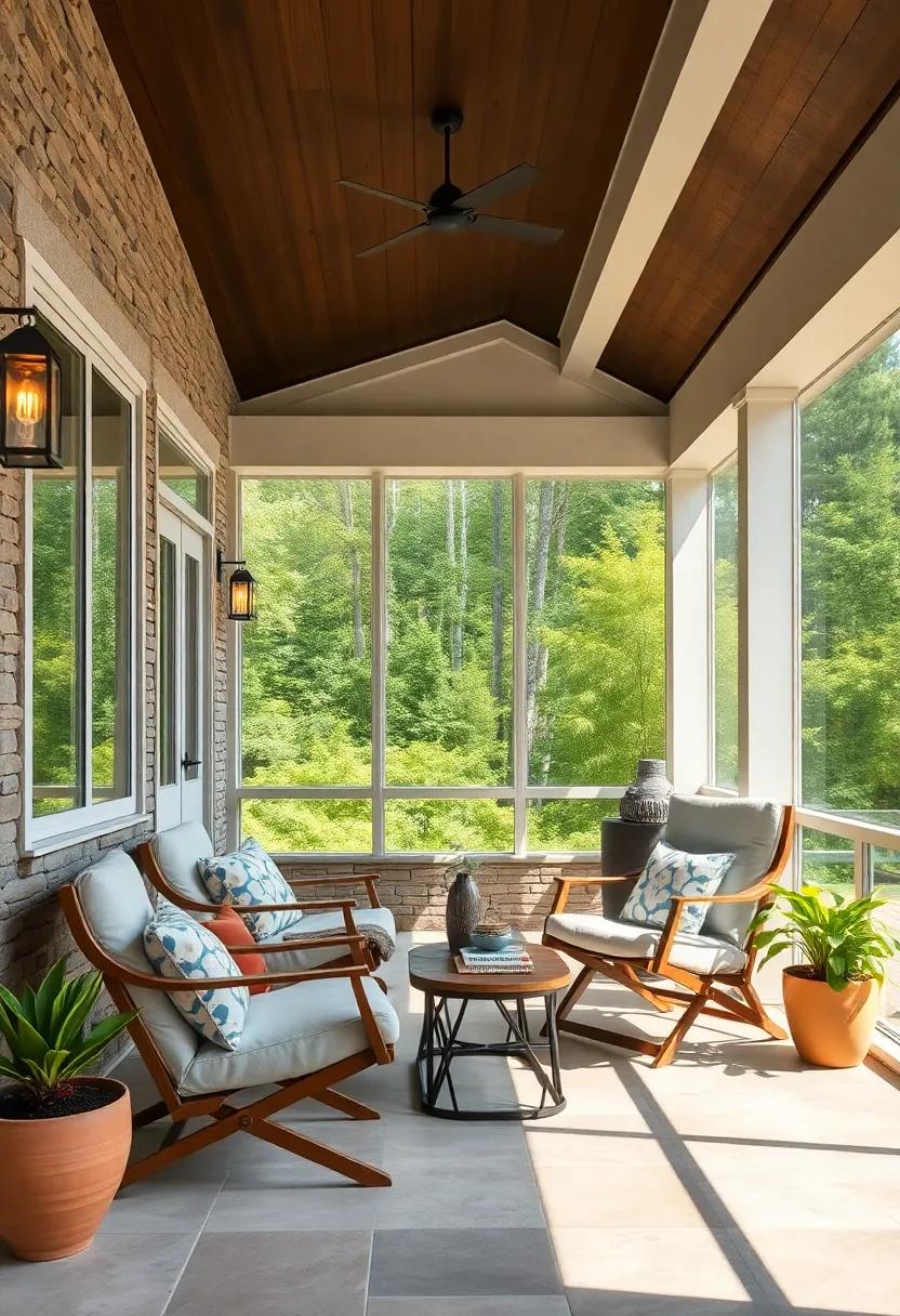 Elegant Lighting Accents Complementing a Screened Porch With Space-Saving Fold-Out Chairs