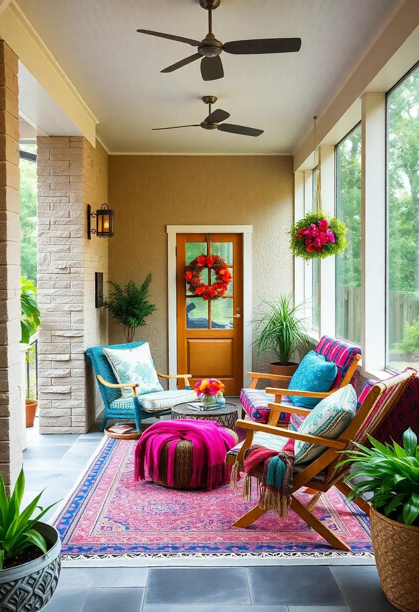Energetic Bohemian Screened Porch Design With Brightly Colored Fold-Out Chairs and Throws