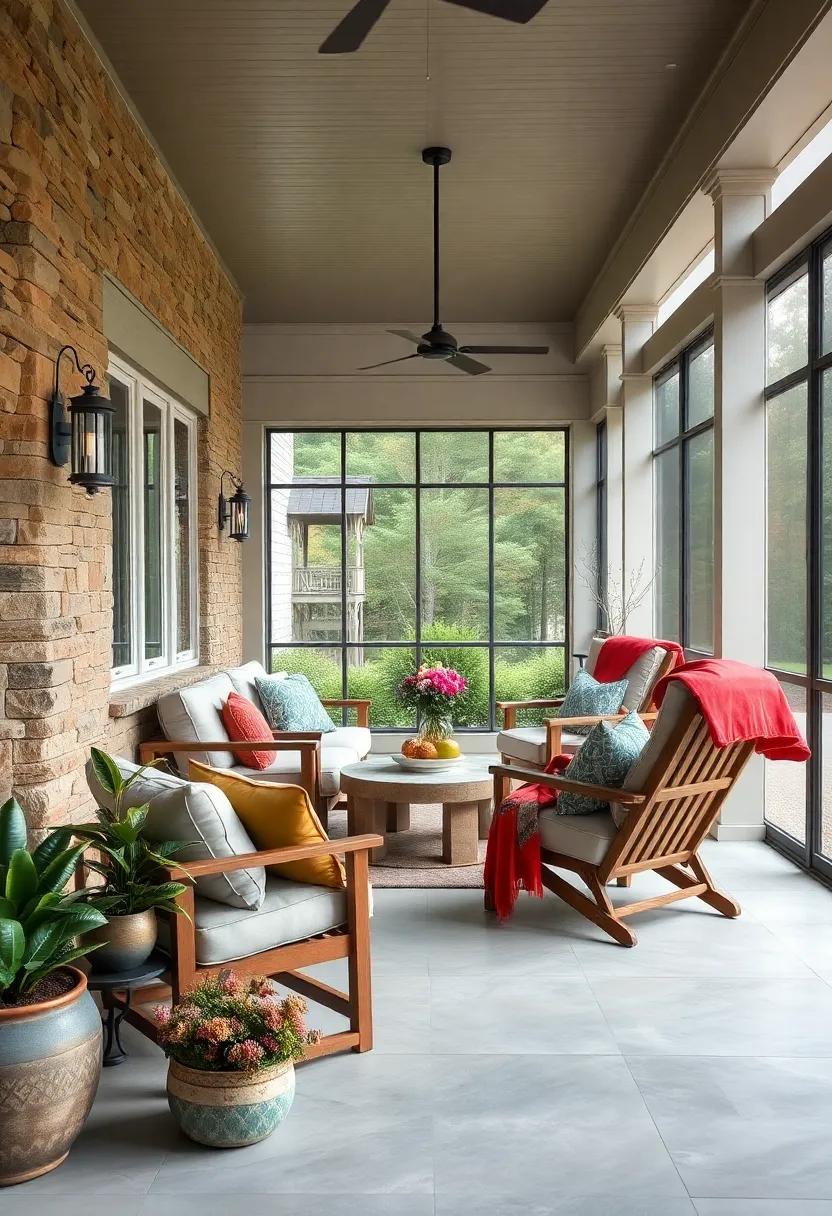 Inviting Family Gathering Space Around Fold-Out Chairs on a Spacious Screened Porch