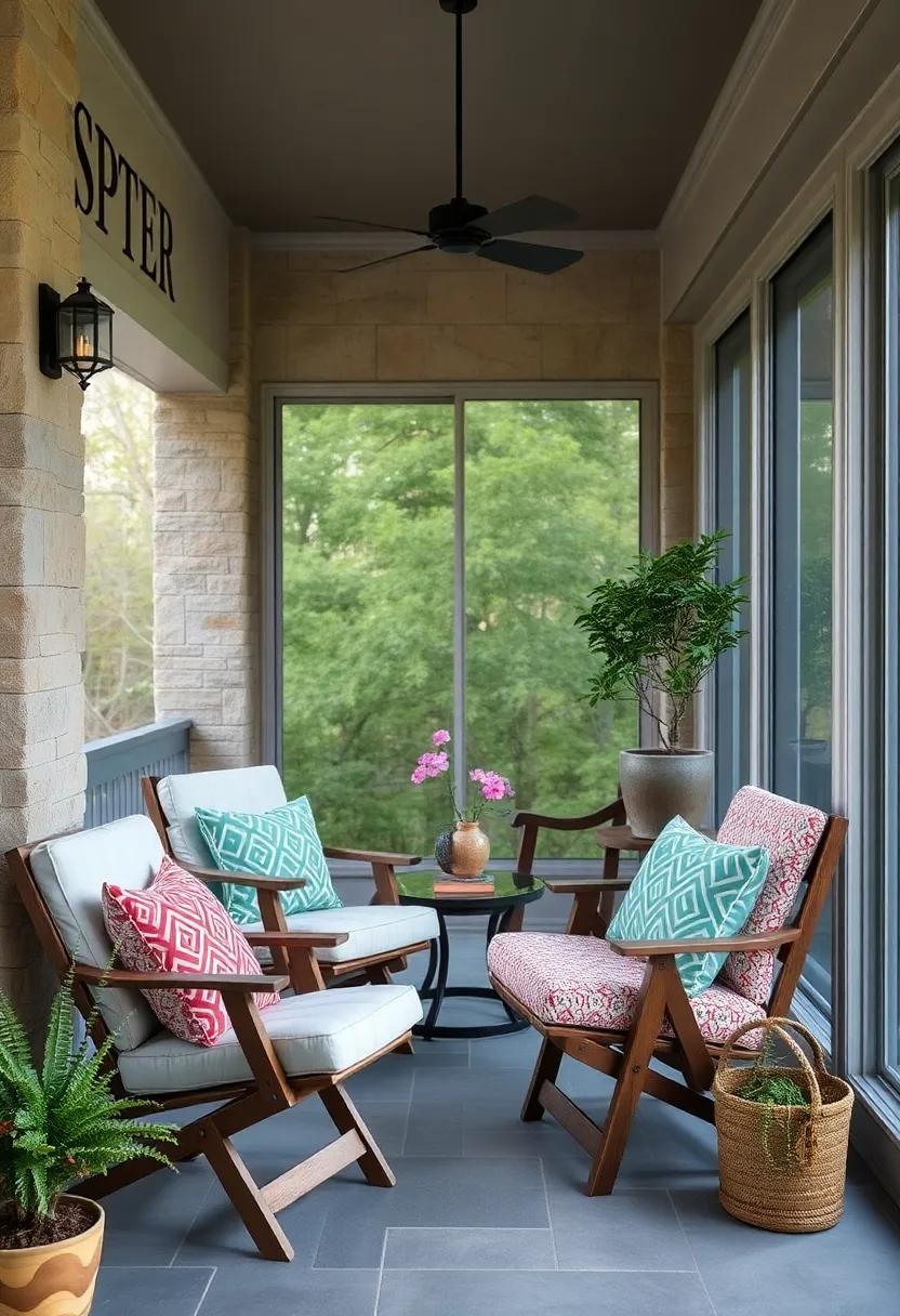 Layering Textures and Patterns on Fold-Out Chairs to Enhance a Calm Screened Porch Atmosphere