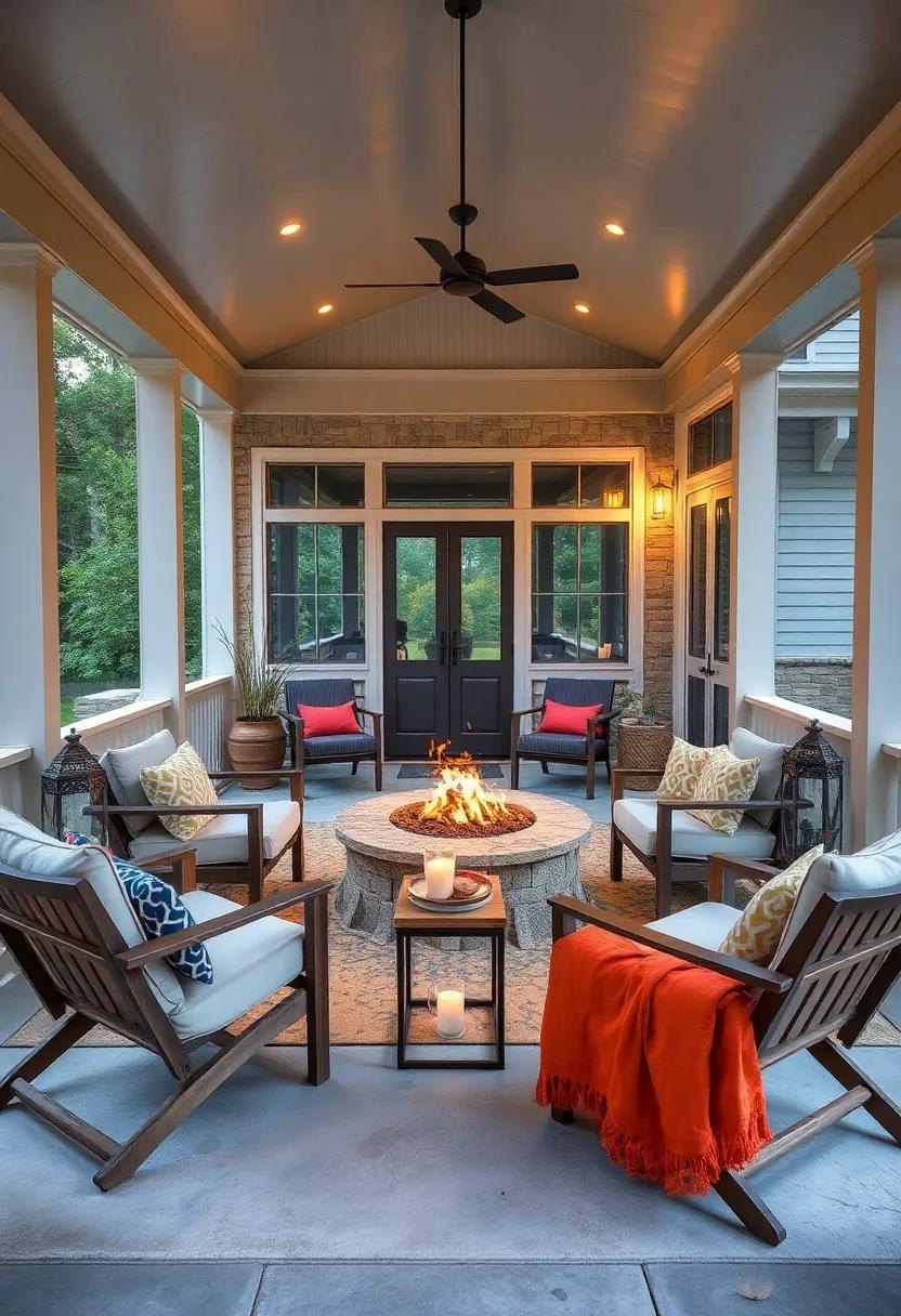 Maximizing Space With Fold-Out Chairs Arranged Around a Central Fire Pit in a Screened Porch