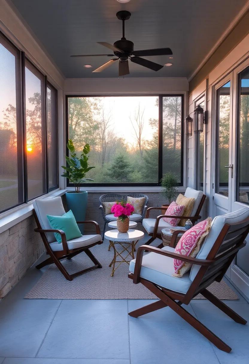 Optimizing Space With Fold-Out Chairs in a Compact Screened Porch Setting at Sunset