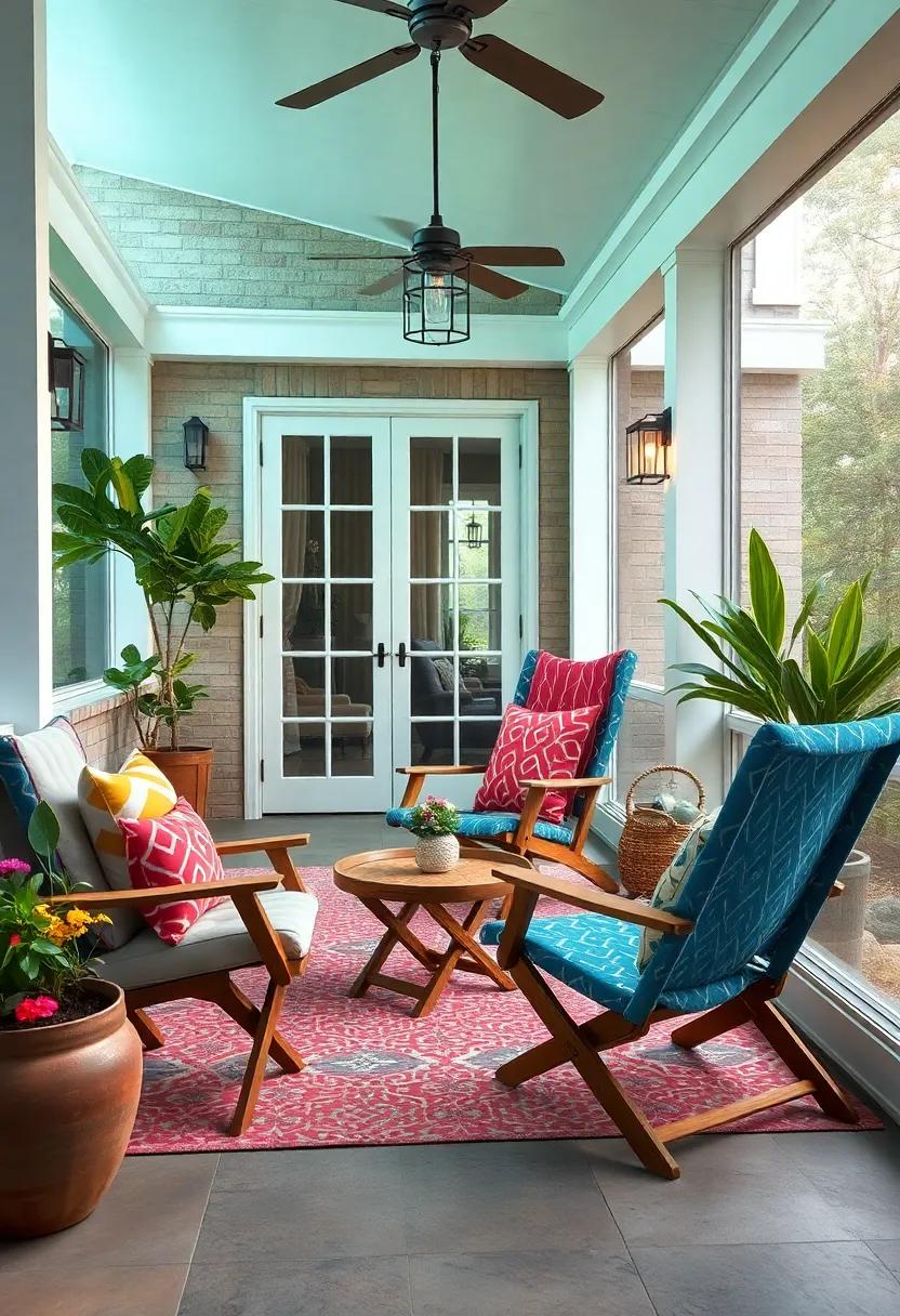 Playful Patterns and Vibrant Fold-Out Chairs Breathing Life Into a Small Screened Porch Space