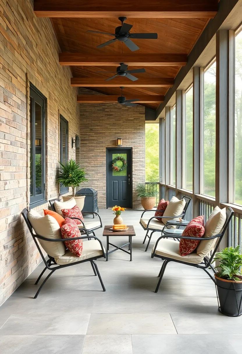 Rustic Industrial Style Screened Porch Highlighting Metal Frame Fold-Out Chairs and Exposed Beams