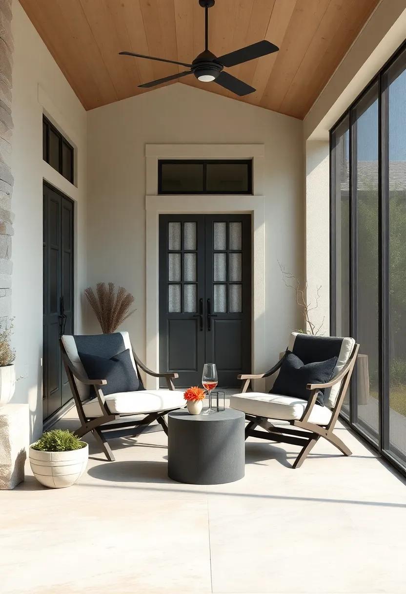 Sophisticated Monochrome Fold-Out Chairs Framed by Floor-to-Ceiling Screens on a Spacious Porch