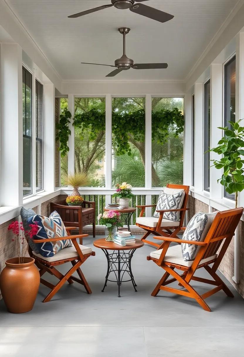 Traditional Charleston Style Screened Porch With Wooden Fold-Out Chairs and Ivy Touches