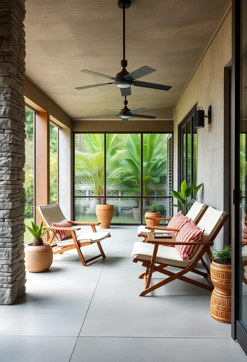 A Zen-Inspired Screened Porch Oasis Featuring Minimalist Fold-Out Chairs and Bamboo Accents