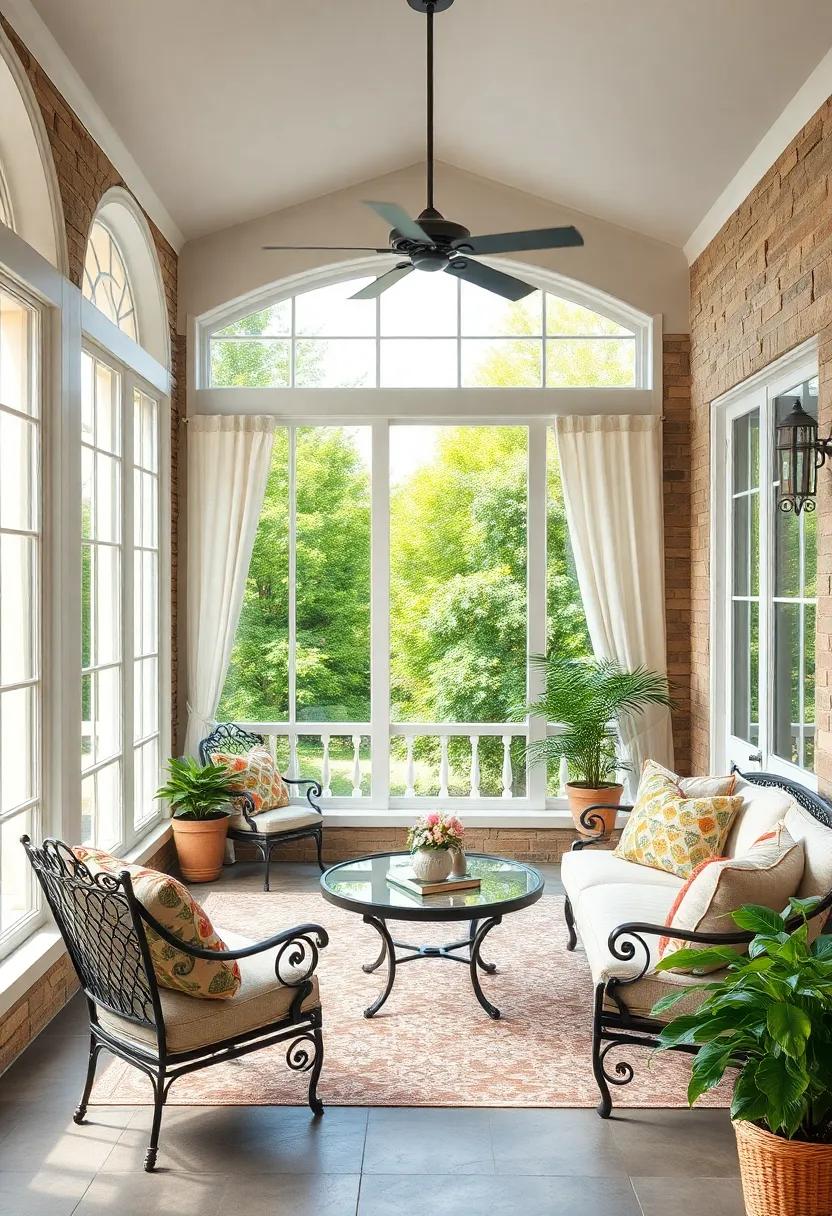Elegant French Windows Framing a Cozy Screened Porch with Vintage Wrought Iron Furnishings and Soft Sheer Curtains