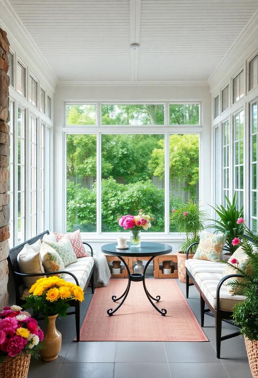 Classic French Elegance Screened Porch with Symmetrical Windows Open to a Café Table Set Among Fresh Cut Flowers