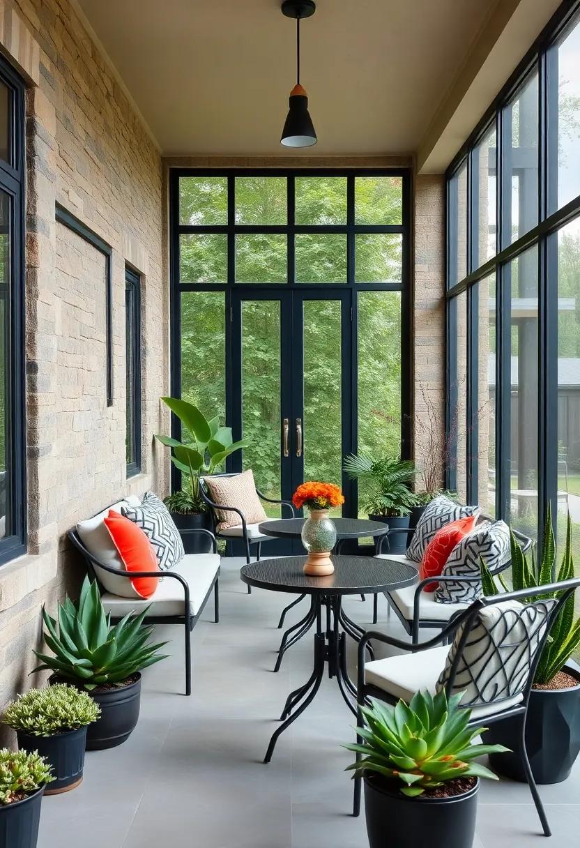 Chic Urban Screened Porch Styled with Tall Black French Windows and Sleek Metal Bistro Sets Surrounded by Potted Succulents