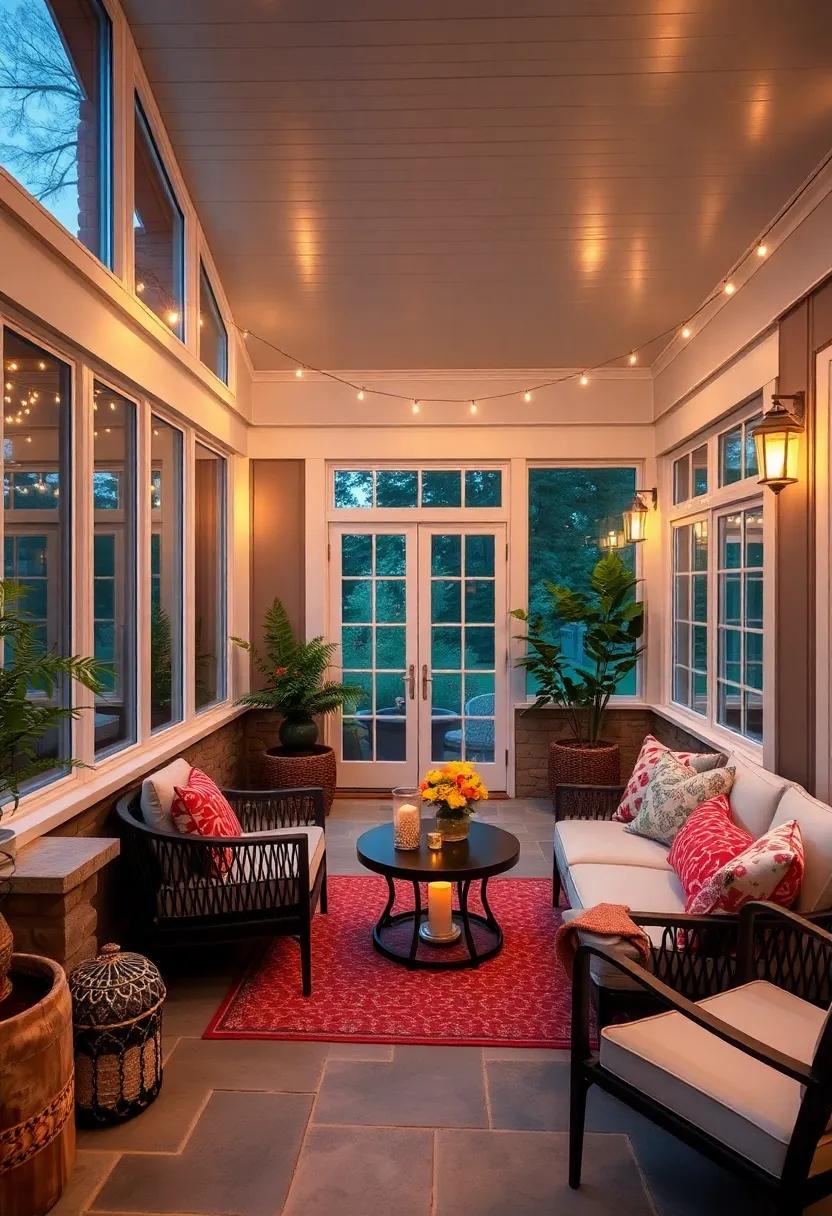 Charmed Evening Ambiance on a Screened Porch with French Window Details, Twinkling String Lights, and Comfortable Seating