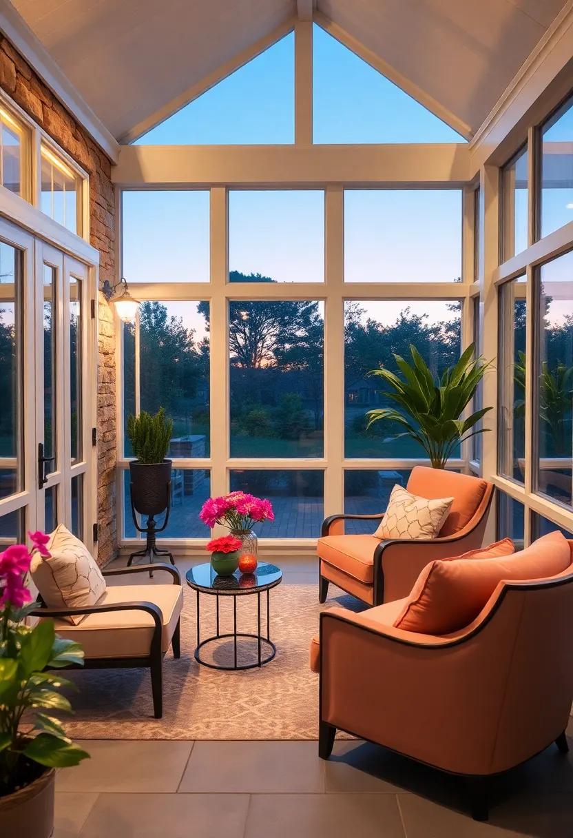 A Romantic Twilight Setting on a Screened Porch Featuring Frosted French Window Glass and Plush Velvet Upholstered Chairs
