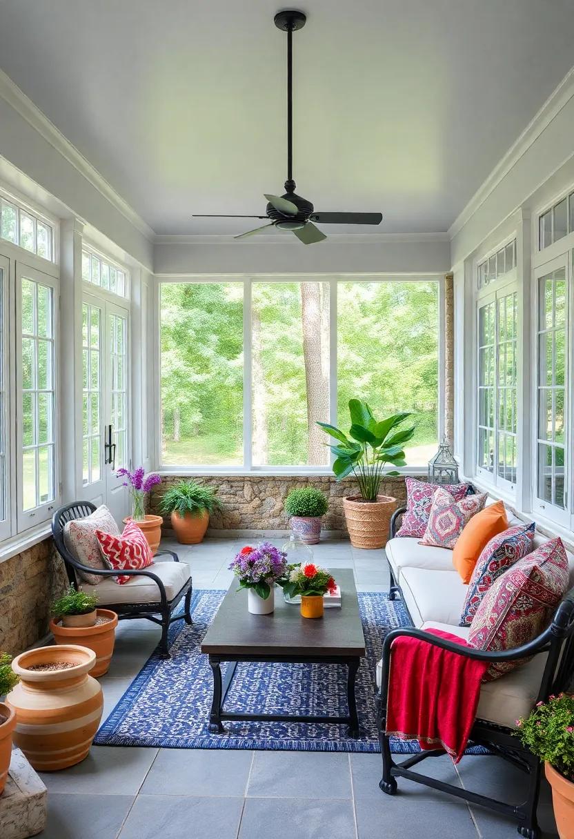 Modern Minimalist Screened Porch Design Highlighting Sleek Black-Framed French Windows with Potted Greenery Accents