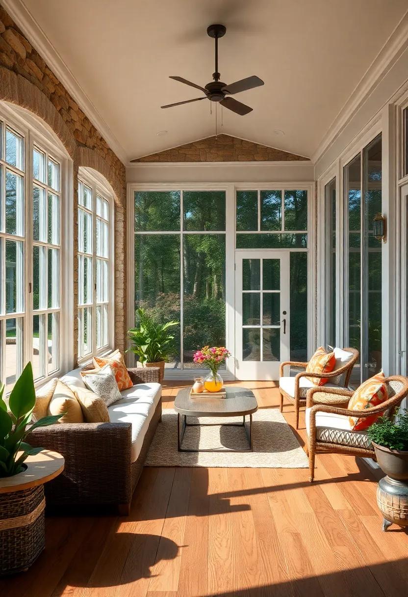 Artisan Crafted Screened Porch with Hand-Painted French Windows and Rich Wood Flooring Creating a Natural, Warm Space