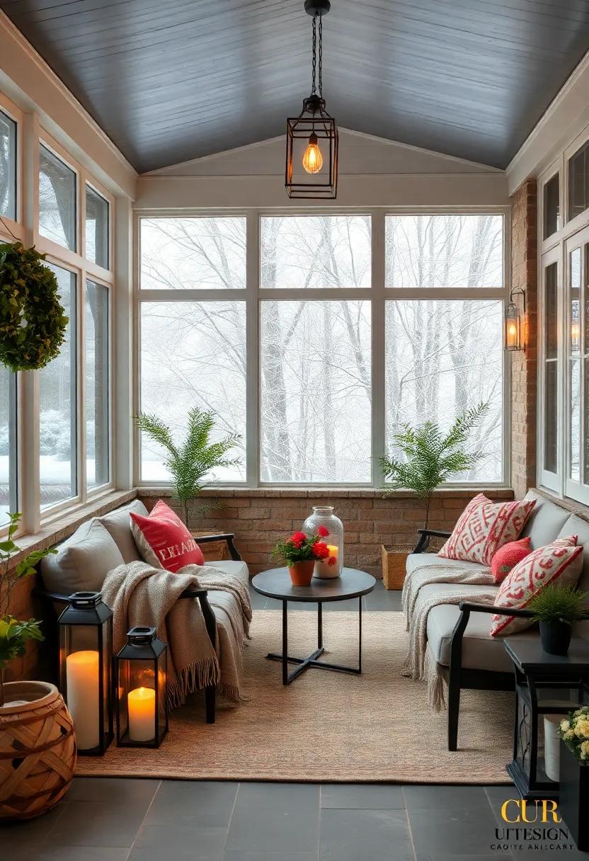 Cozy Winter Screened Porch Scene with Frosted French Windows, Soft Knit Throws, and Warm Ambient Lantern Light