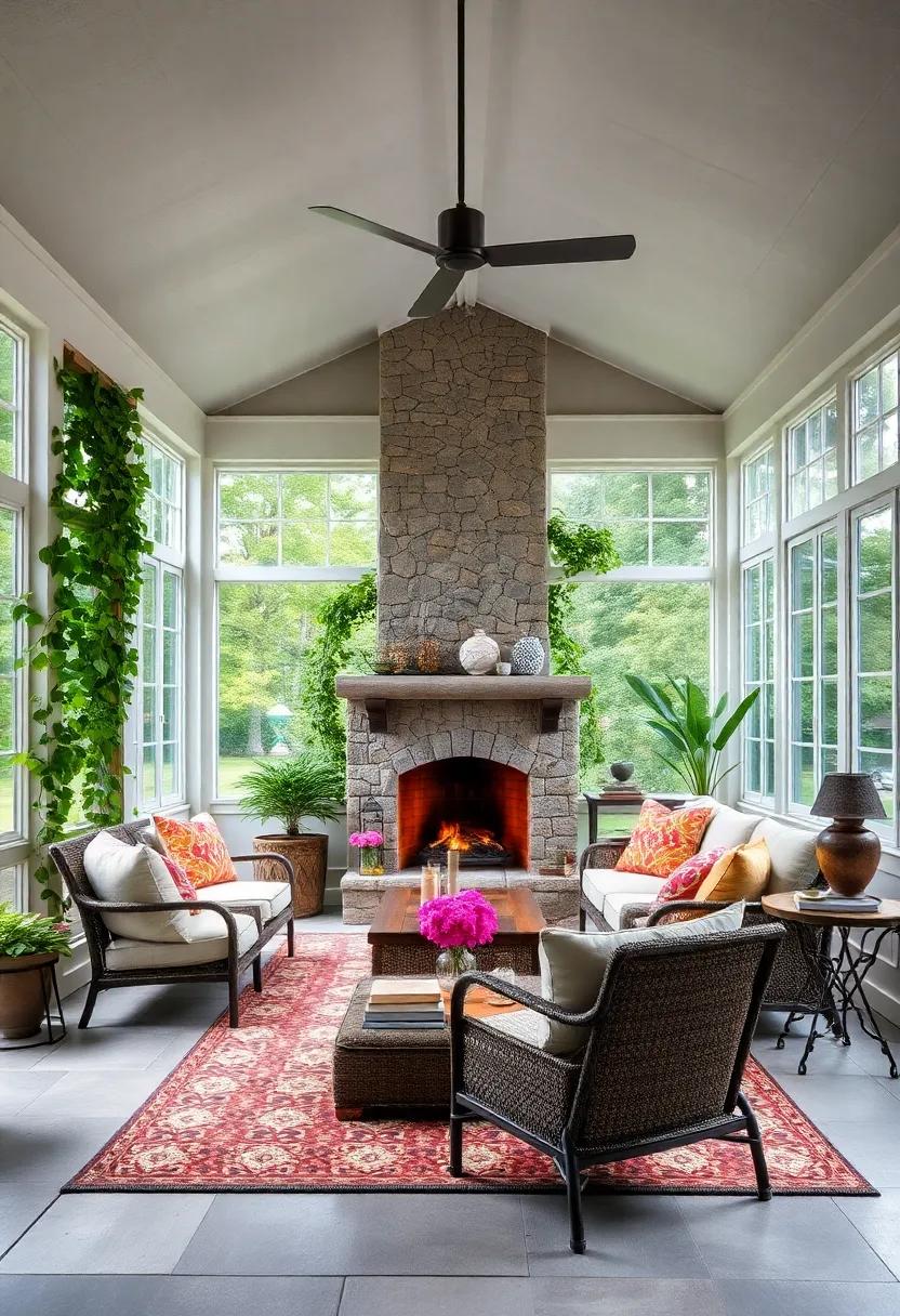 Rustic Charm with Whitewashed Timber Screened Porch Featuring Classic French Windows and Handcrafted Wooden Furniture