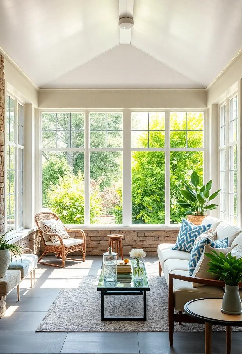 A Sunlit Screened Porch Showcasing Intricate French Window Panes Overlooking a Lush Garden in Soft Pastel Tones