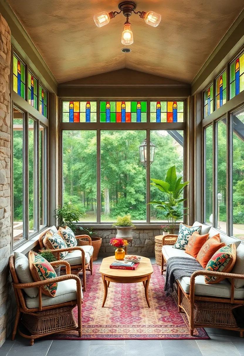 Bohemian Inspired Screened Porch with Colored Stained Glass French Windows and Eclectic Textile Throws and Pillows