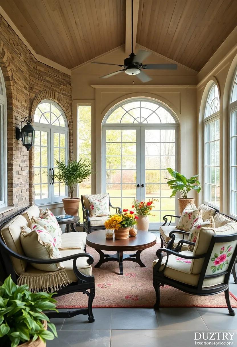 Traditional French Cottage Style Screened Porch with Arched French Windows and Soft Floral Fabrics Creating Timeless Elegance