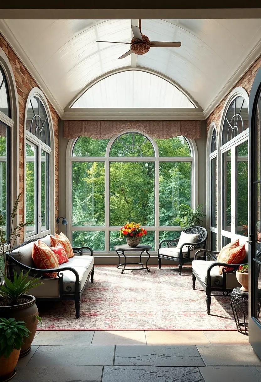 Art Nouveau Inspired Screened Porch with Curved French Window Frames and Ornamental Ironwork Accents in Muted Tones