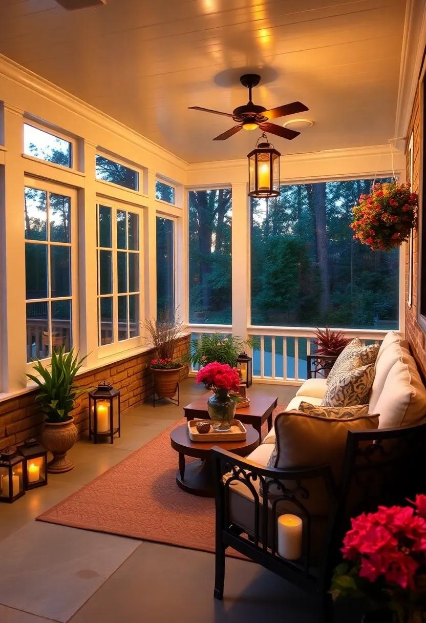 Warm Twilight Glow on a Screened Porch with Painted French Windows, Plush Seating, and Lanterns Flickering into the Night