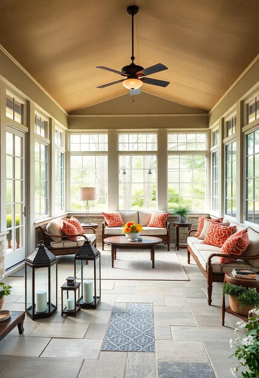 Open-Air Screened Porch with Multi-Paned French Windows and Vintage Lanterns Sitting Above a Stone Patio Floor