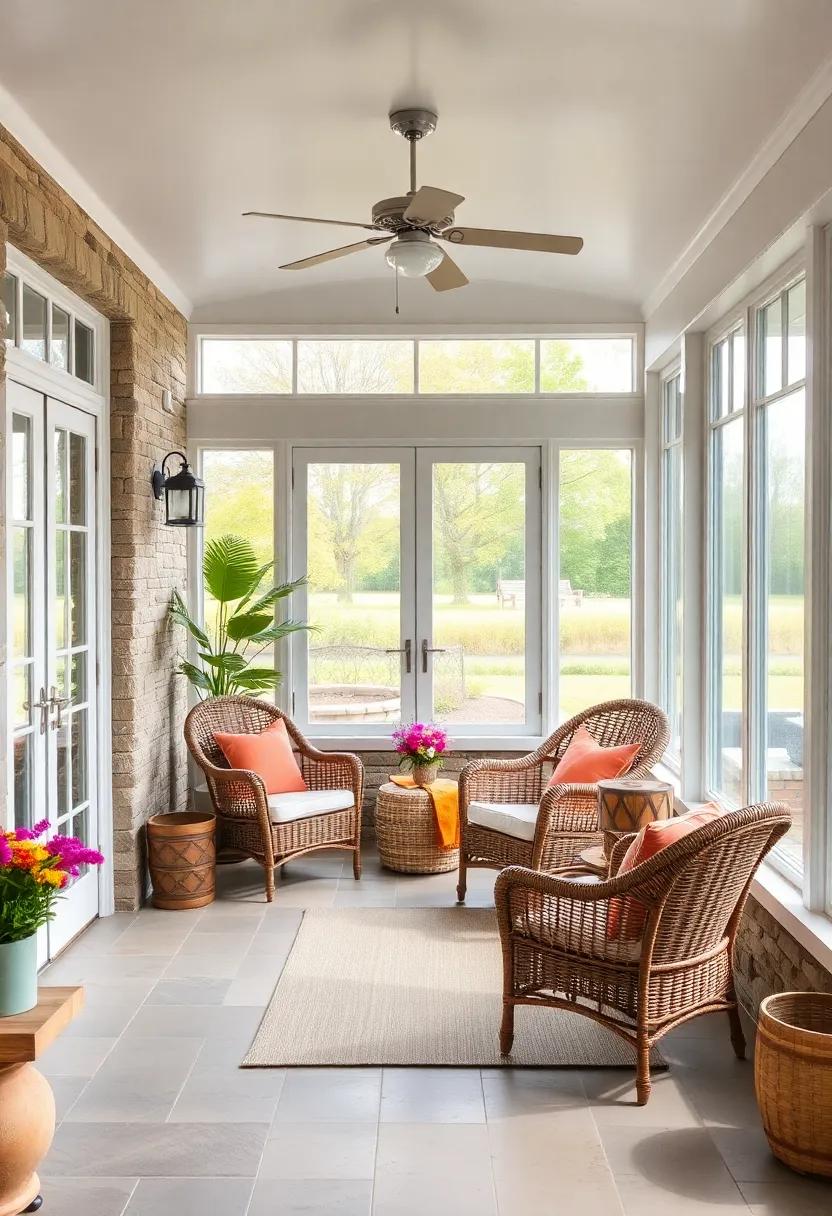 Inviting Farmhouse Screened Porch with Paned French Windows Overlooking a Quiet Meadow, Paired with Cozy Wicker Lounge Chairs