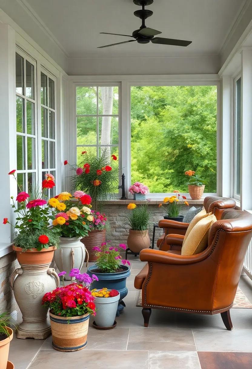French Window Screened Porch Overflowing with Colorful Wildflowers in Vintage Pots and Distressed Leather Armchairs