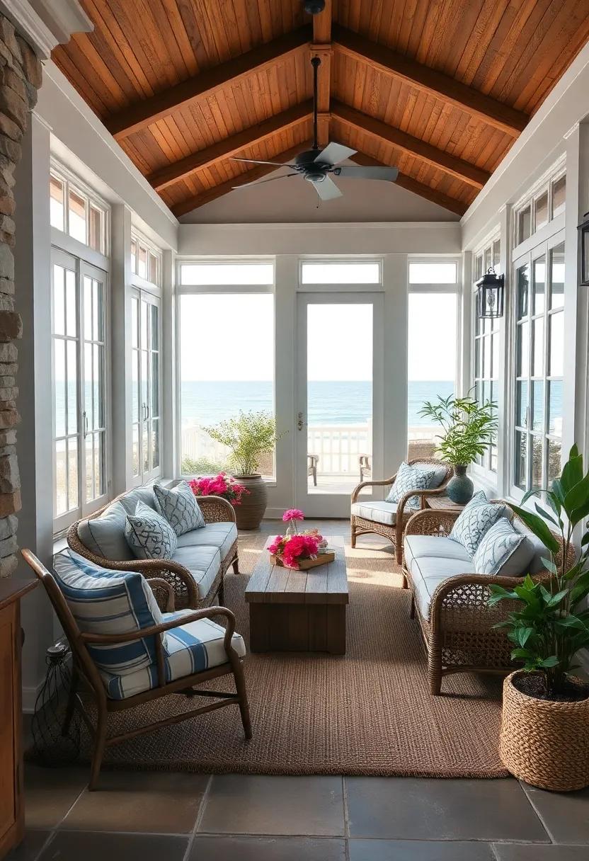 Breezy Coastal Screened Porch Framed by White French Windows and Casual Nautical Decor with Seaside Views