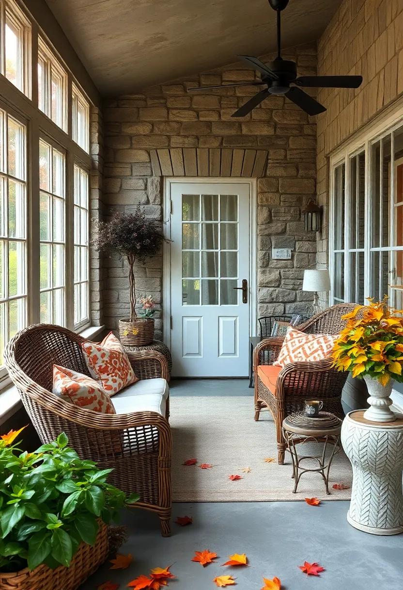 Quaint Stone Screened Porch with Weathered French Windows and Vintage Wicker Furniture Nestled Among Autumn Leaves