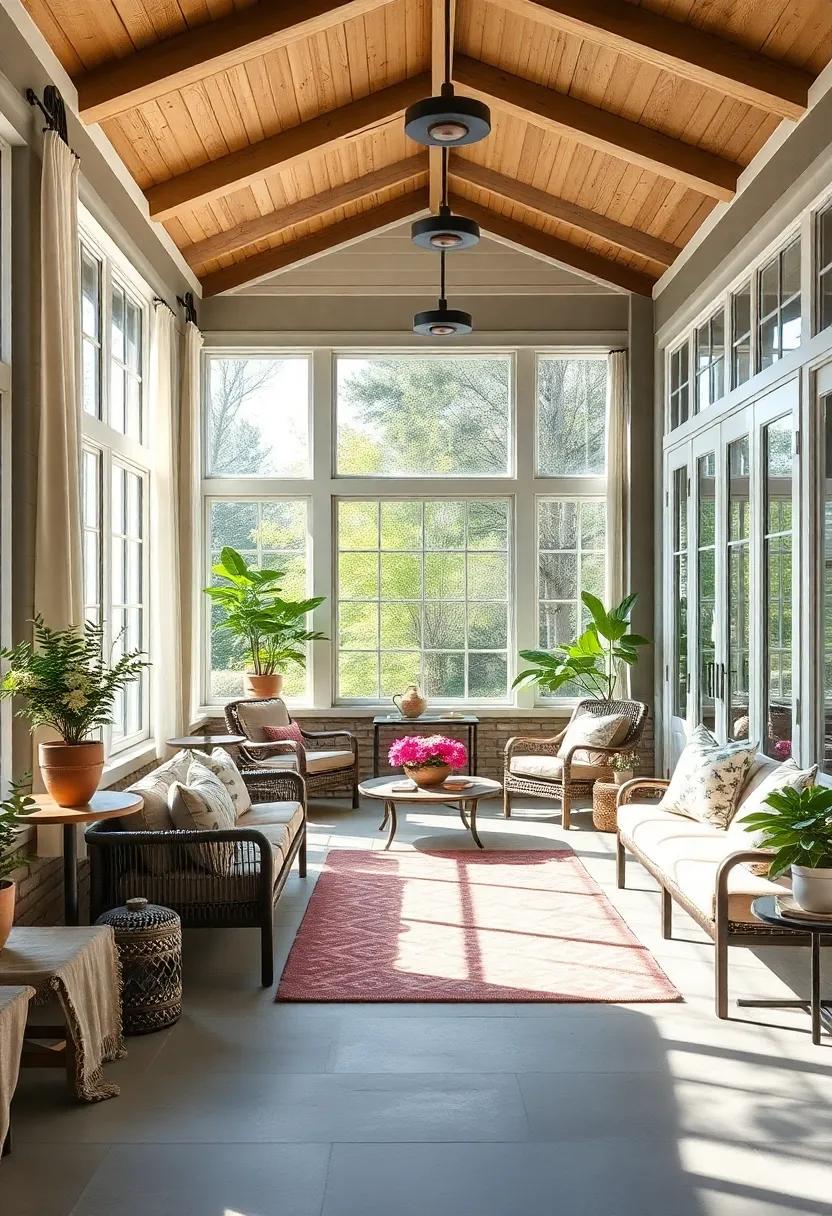 Sun-Drenched Screened Porch with White Framed French Windows and Soft Linen Drapes, Blurring the Indoor-Outdoor Divide