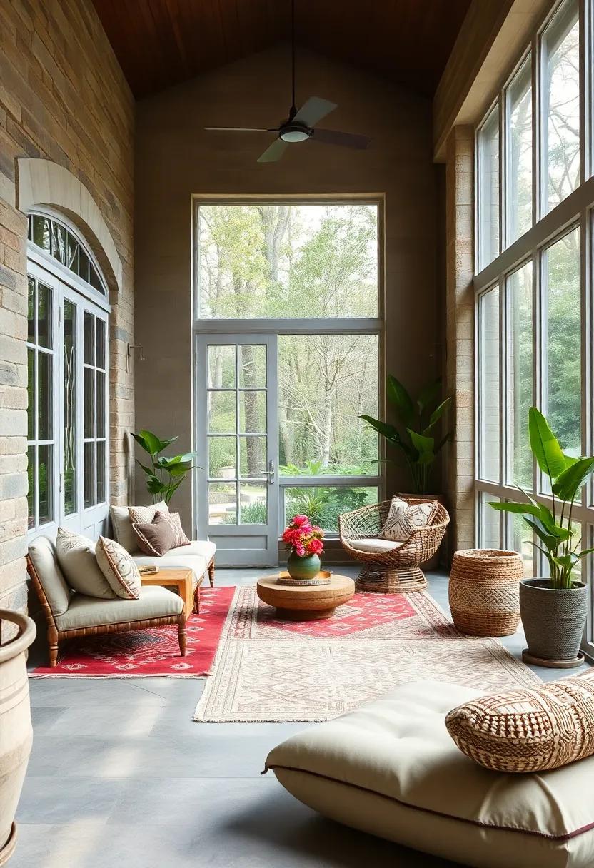 Luxe Boho Screened Porch with Stained French Windows, Moroccan Rugs and Low Seating Evoking a Relaxed Exotic Vibe